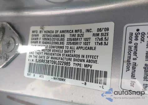 2009 Honda Cr-V Ex-L from USA, damaged, VIN 5J6RE38709L022985